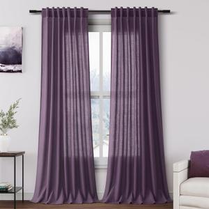 Nanspring Plum Linen Curtains 96 Inches Long 2 Panels Set for Living Room Rod Pocket Back Tab Semi Sheer Light Filtering Protect Privacy Plum Curtain for Bedroom Floor Length 52x96