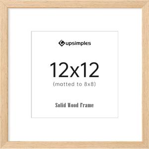 upsimples 12x12 Frame, Natural Solid Wooden Picture Frames, Display 8x8 with Mat or 12 x 12 Without Mat, Wall or Tabletop, 1 Pack, Natural
