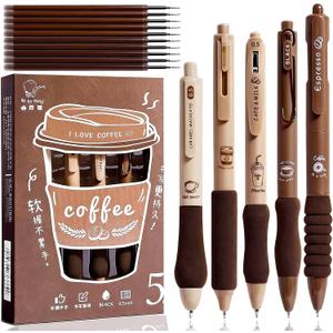 5 Pcs Coffee Pens, 10 Pcs Retractable Quick Dry 0.5mm Fine Point Black Pen Refills Ink Unique Pens of Gift Cute Gel Pens for Women (Coffee pen set)