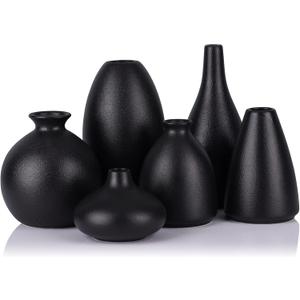 Set of 6 Matte Black Small Vases for Flowers, Ceramic Bud Vase Bulk Boho Centerpieces for Tables, Mini Short Vase Modern Bulk Wedding Centerpieces Ikebana Vases for Bridal Shower/House Warming Gift