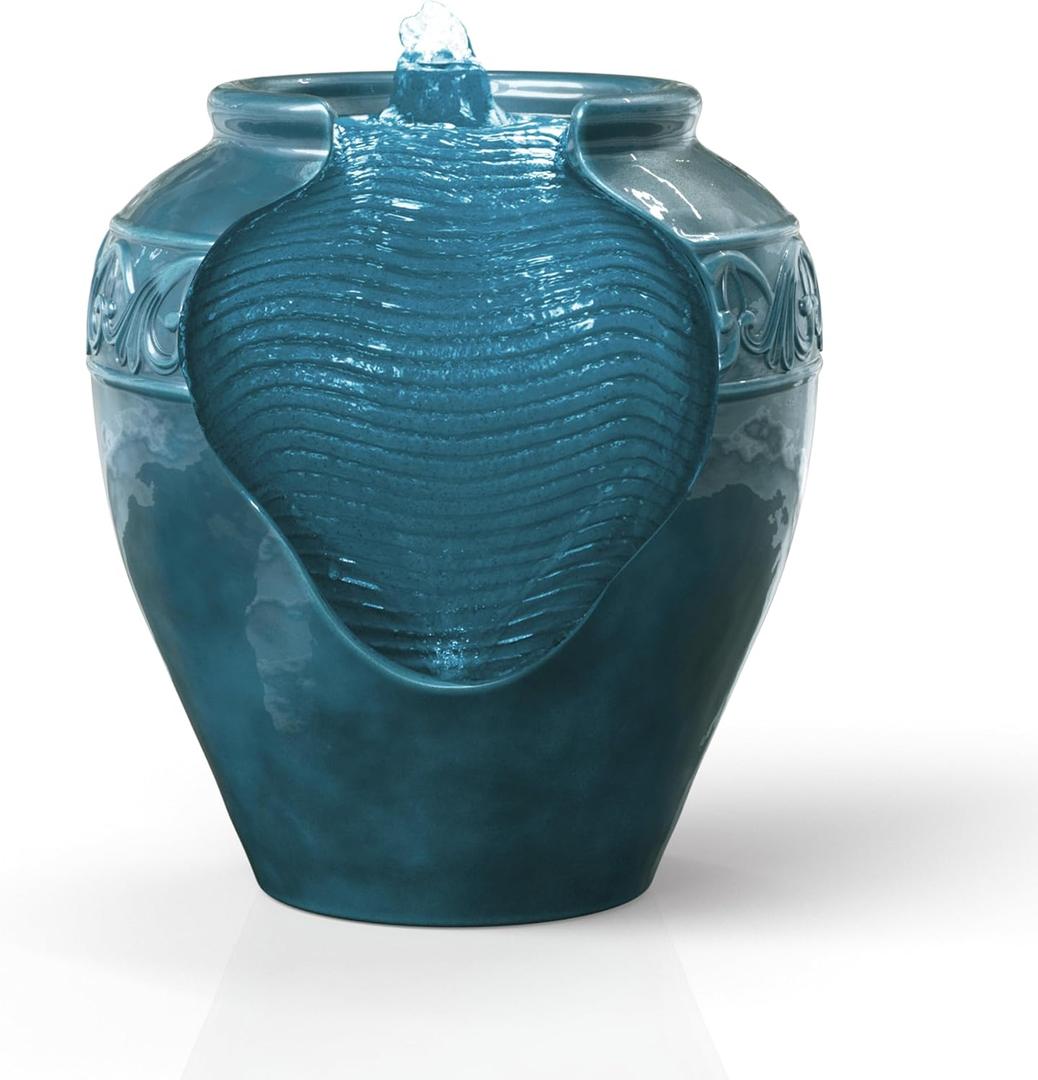 Teamson Home Floor Glazed Pot Water Fountain with Built-in LED Light and Pump for Outdoor Indoor Patio Garden Backyard Decking Home Dcor, 17 inch Height, Teal