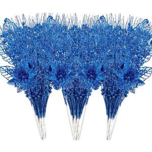 24 Pack Christmas Tree Ornaments  Artificial Flowers Glitter Berry Stems Christmas Floral Picks Branches for Xmas Tree Decorations Vase Filler Holiday Wedding Party Home Decor (Blue)