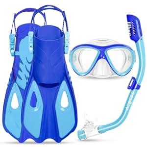 Kids Snorkel Set Mask Fins-Panoramic Snorkel Mask+Dry Top Snorkel+Adjustable Swim Fins+Mesh Bag+Earplugs for Boys Girls, Junior Snorkeling Gear for Kids Ages 5-14, Blue and Blue