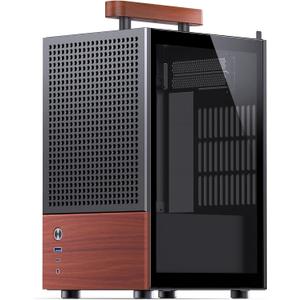 JONSBO T6 Black ITX PC Case, Mini Tower Aluminum Computer Case, with Multifunctional Handle, Walnut (Solid Wood) Panel.MB:DTX/ITX,Black Chassis