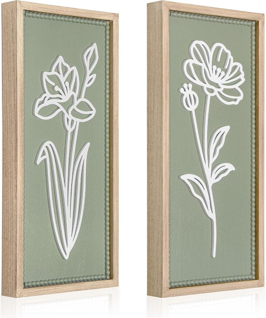 Parlor Boudoir 3D Wooden Floral Wall Art, Sage Green Boho Wall Decor, Rustic Farmhouse Hanging for Bathroom, Bedroom, Living Room or Kitchen (Set of 2)