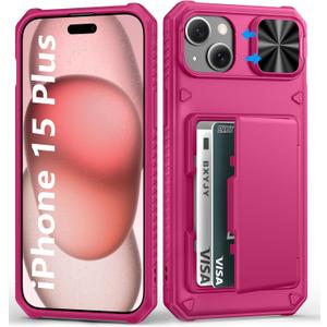 for iPhone 15 Plus & iPhone 14 Plus Wallet Case with Card Holder(4-5 Cards), Slide Camera Lens Cover, Military Drop & RFID Protection, Heavy Duty Phone Cases for iPhone 15 Plus/14 Plus, Hot Pink