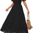 ZESICA Women's 2025 Summer Short Sleeve Maxi Dress Casual V Neck Hollow Out Eyelet Ruffle Swing A Line Long Dresses (Medium)