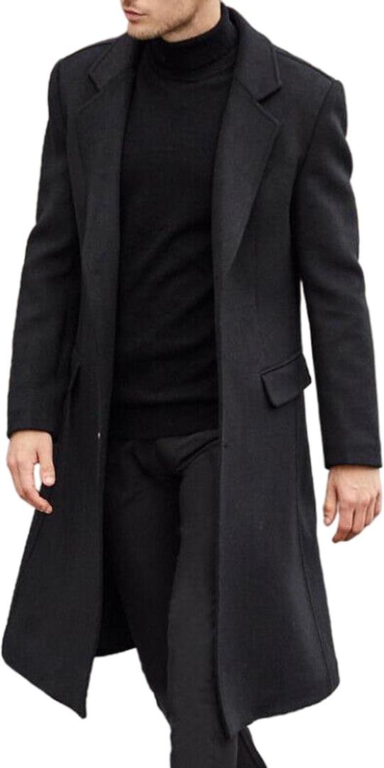 SOMTHRON Men's Casual Trench Coat Slim Fit Notched Collar Long Jacket Overcoat Single Breasted Pea Coat wih Pockets (L, Black)