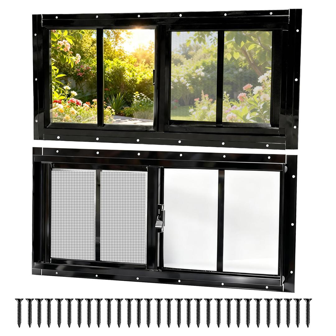 NeatiEase 2 Pack Sliding Windows, 10"x20" Shed Windows with Tempered Glass and Removable Fiberglass Screen for Chicken Coop, Shed, Basement, Playhouse, Household, Garage, Barns (Black)