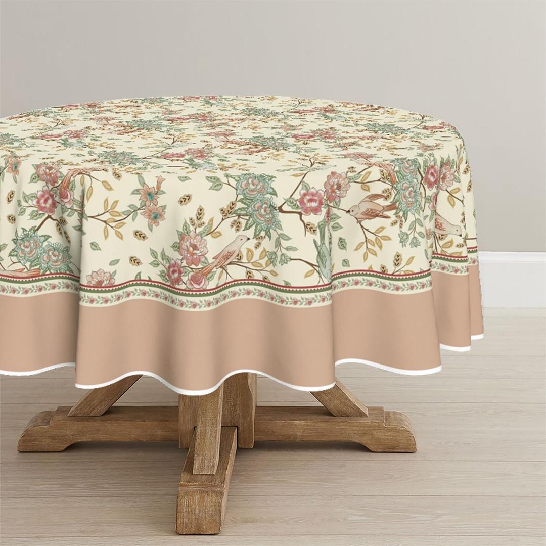 Horaldaily Floral Round Tablecloth 70x70 Inch Round, Pink Birds Elegant Vintage Washable Seasonal Table Cover for Party Picnic Dinner Decor