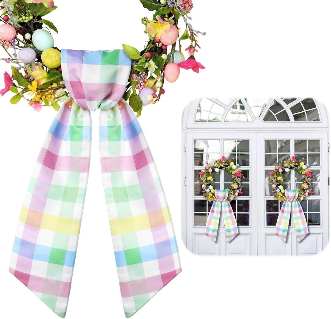 2 Pcs Easter Wreath Sash Spring Pastel Satin Sash for Front Door Holiday Pastel Yard Doorway Indoor Outdoor Party Decoration, 56" L x 4.5" W