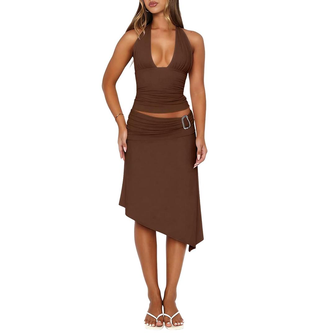 Goafuliy Two Piece Sets for Women Summer - Backless V Neck Halter Tops Asymmetrical Flowy Skirt Y2k Outfits, Small