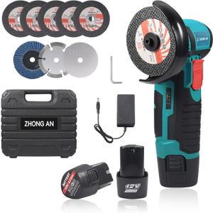 Cordless Brushless 3" Angle Grinder Kit Handheld with 5 Gutting Blades,2 Metalcutting Disc,1 Grinding Disc,2 pcs 12V 1500mAh Batteries 19500 RPM/Minfor Cutting Grinding Polishing