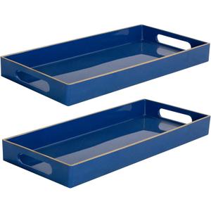 MAONAME Royal Blue Vanity Tray Set of 2, Plastic Decorative Tray with Handles, Long Narrow Trays, Rectangular Bathroom Trays for Toilet Tank, 13.8" X 6" X 1.57"