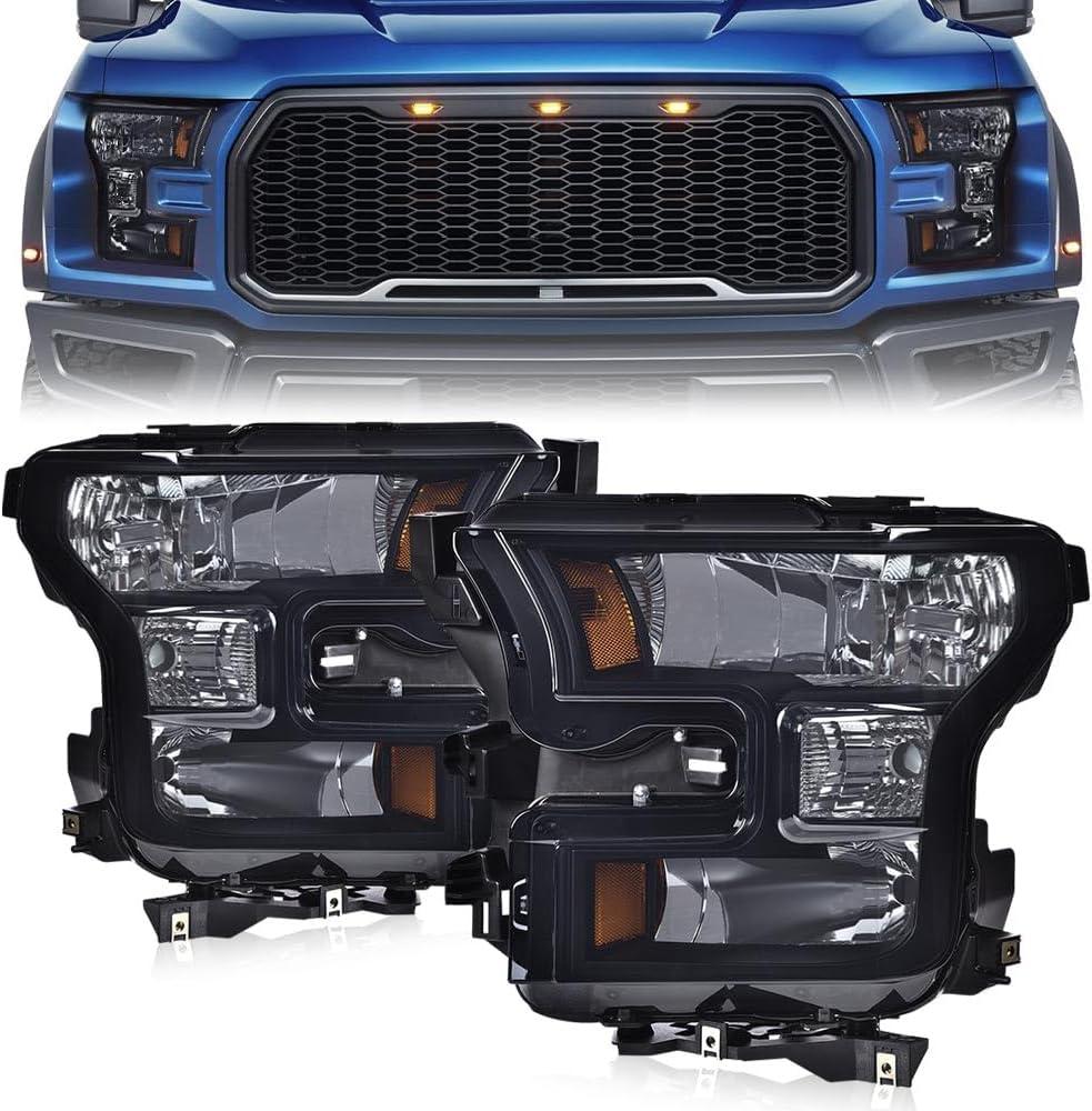 ANDPLAY Front Headlights Assembly Headlamps Pair Fit Ford F150 2015 2016 2017 (Not Fit Models with LED or HID Headlights) Smoky Lens Black Houing Amber Reflector FO2502344