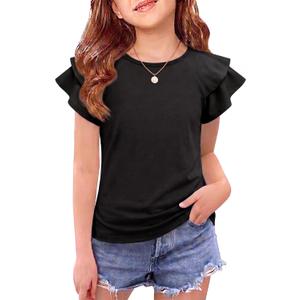 Girls T Shirts Ruffle Short Sleeve Round Neck Loose Blouse Summer Solid Color Casual Girl Tee Tops for 3-12 Years (Black)