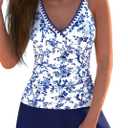 ROSEWE Two Piece Tankini Swimsuits for Women, Tummy Control Bathing Suit with Skirt, V-Neck Swimdress (Blue, L)
