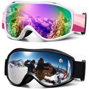 FMY Ski Snowboard OTG Goggles,Anti Fog UV400 Protection Skiing Snowmobile Goggles for Men Women Youth (White Pink & Black Silver)