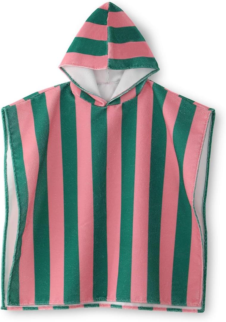 MONOBLANKS Striped Hooded Towels for Kids, 30" x 30" Soft Absorbent Beach Poncho Towel for 3-10 Years Boys Girls, Perfect for Pool Swimming, Bath, Beach (Pink-Green)