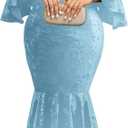 Midi Lace Dress for Women Sexy Bodycon Fishtail Dress Elegance Cocktail Party Banquet Church Outfits (Blue, M)