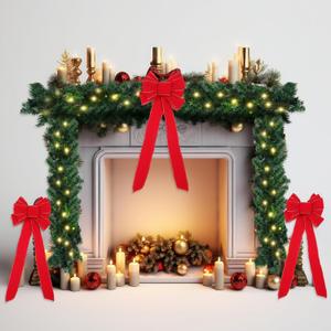 6 Pcs Set 9 Feet Prelit Christmas Garland with Lights and 5 Giant Red Christmas Bows 50 LEDs Battery Operated Garland for Fireplace Mantle Stairs Railing Front Door Decor(Classic Style)