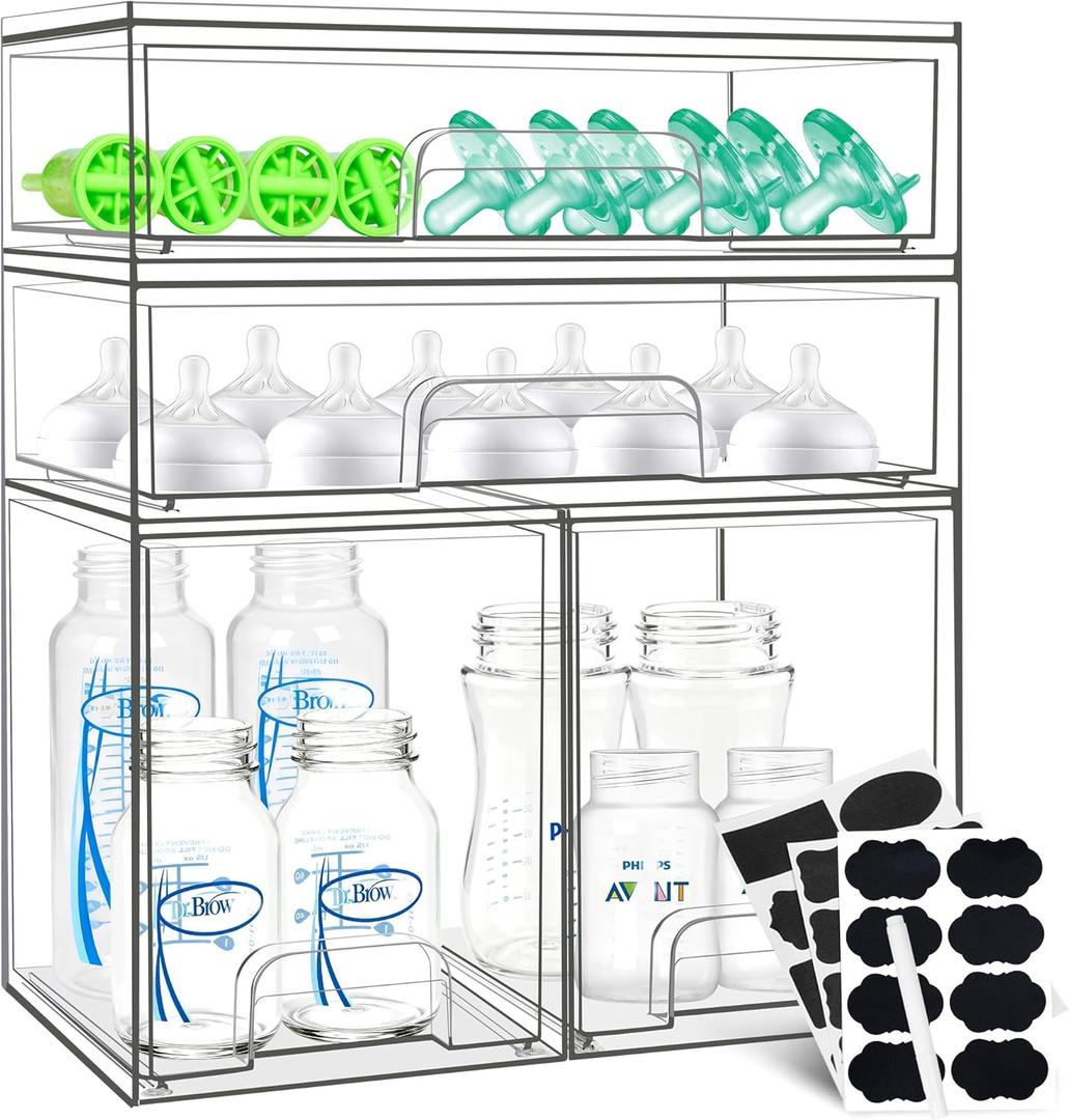 Baby Bottle Organizer, 4 Pack Stackable Storage Drawers with Labels, Clear Station Organizers Container for Pacifiers, Pump Parts, Desk Organizer Bins for Bathroom, Cabinet, Pantry, Vanity, Countertop
