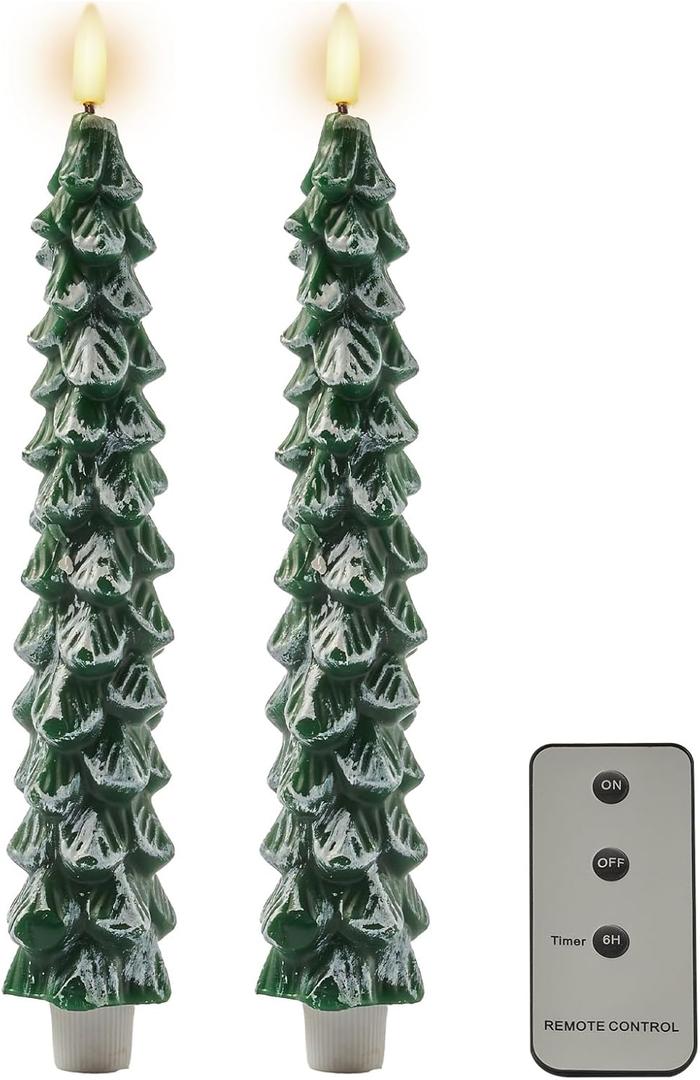 DN DECONATION Flameless Christmas Tree Candlesticks with Remote, LED Christmas Flameless Taper Candles Battery Operated, Frosted Tree Fake Candle Sticks for Xmas Table Decor Window Decorations 2PCS (Set of 2)