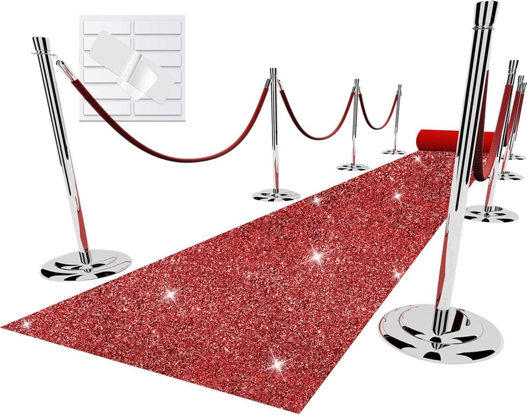 Glitter Red Carpet Runner for Party, 2.46X15 ft, 200 GSM Glitter Non-Woven Fabric, Hollywood Red Carpet for Event, Aisle Runner for Wedding Ceremony, Movie Theme Party Decorations (2'6" x 15' (Runner))