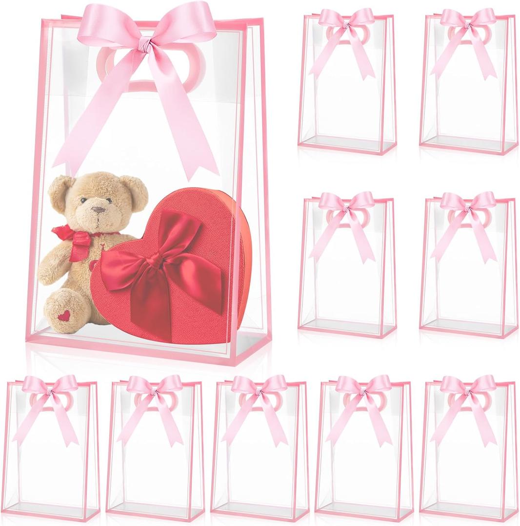 Aliceset 12 Pcs Clear Plastic Gift Bag with Die Cut Handles Valentine's Day Reusable PP Favor Bag with Ribbon for Wedding Bridal Birthday Baby Shower Party Small Business, 7x10x3.15 Inch(Pink)