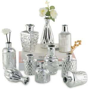 Hewory Silver Small Glass Vases for Centerpieces 10pcs Silver Bud Vase in Bulk, Mini Vintage Decorative Single Flower Vase for Wedding Birthday Party Baby Shower Home Living Room Table Decor