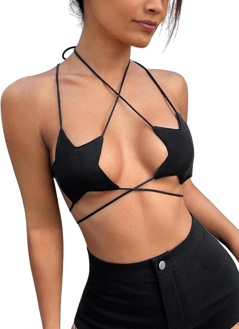 Rave Star Top for Women - Sexy Halter Crop Backless Bra Music Festival Crisscross Straps Concert Outfits (Medium, Black)