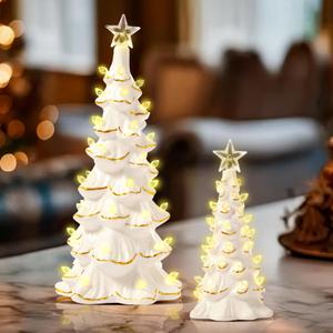 WDS WONDROUS Ceramic Christmas Tree Tabletop - White and Gold Accents 2PCS Table Top Christmas Trees with Lights Prelit - Small Xmas Tree Figurines Home Mantel Desk Centerpieces