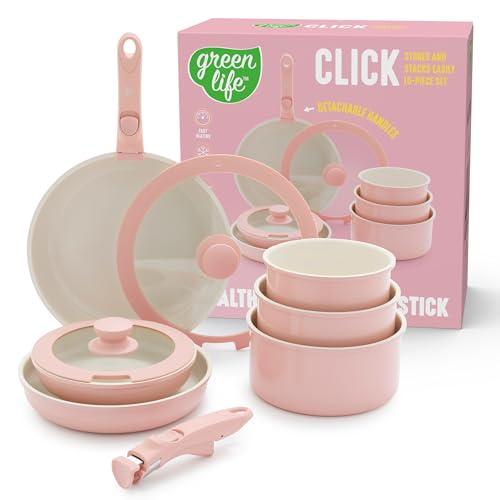 GreenLife 10 Piece Nonstick Pots & Pans Set, Detachable Handle & Stackable Cookware Set, Non Toxic PFAS-Free Skillets, Induction Kitchen Pans, Space Saving, Serving Bowls, Oven Safe, Light Pink