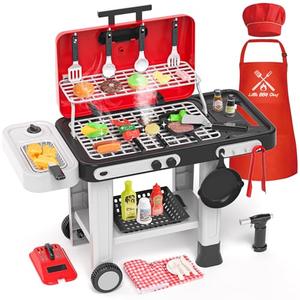 86PCS Kids Play Kitchen Toys: Kids Grill Playset with Smoke, Sound, Light, UV&Water Color-Changing Play Food, Pretend Kids Kitchen Playset, Interactive BBQ Outdoor Toys, Birthday Gift for Toddler