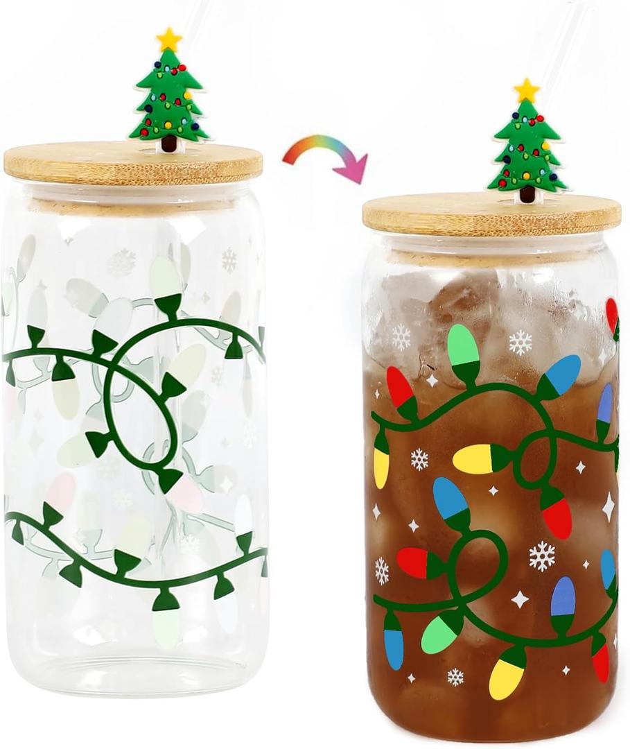 Joyseller Christmas Gifts, 18oz Color Changing Christmas Lights Iced Coffee Can Glass, X-mas Glass Cup with Lid and Straw, Holiday Tumbler