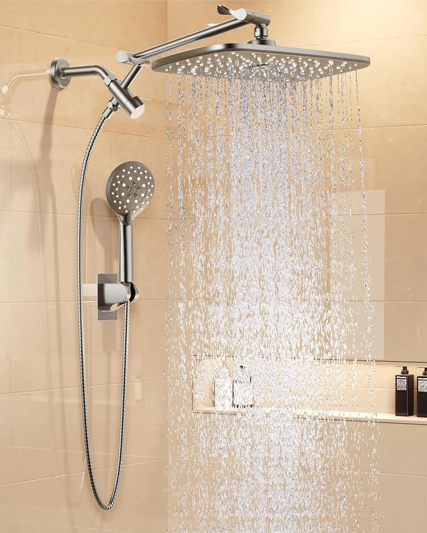 Veken 11.8" Brushed Nickel Rain Shower Head with Handheld, High Pressure Handheld Shower Heads with Multi Spray Modes,Rainfall Combo with 15" Metal Extension Arm,Detachable Dual Shower,Regaderas Para