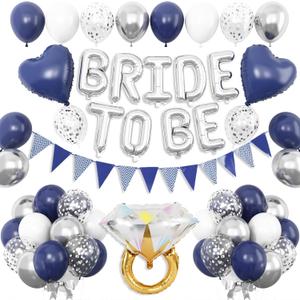 Blue Silver Bachelorette Party Decorations, Silver Bride To Be Bridal Shower Balloons Decoration, Navy Blue White Silver Balloon and Diamond Ring Blue Heart Balloon for Bachelorette Engagement Wedding