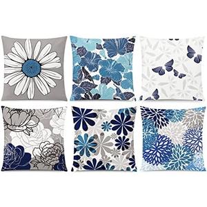 COMMINY Blue Grey Pillow Covers 20x20 Set of 6 Decorative Daisy Flower Throw Pillow Cover for Couch Modern Farmhouse Cushion Cover for Living Room Bed Patio Home Decor