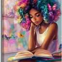 XLMDYYSW African American Wall Art Colourful Black Girl Reading Book Pictures Black Woman Canvas Prints Watercolor Butterfly Painting for Bedroom Decor Framed (Purple, 24L x 16W)