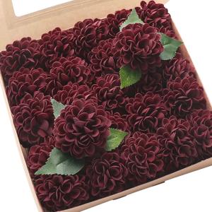 Floroom Artificial Dahlia Flowers 25pcs Real Looking Burgundy Foam Fake Roses with Stems for DIY Wedding Bouquets Dark Red Bridal Shower Centerpieces Floral Arrangements Party Tables Home Decoration