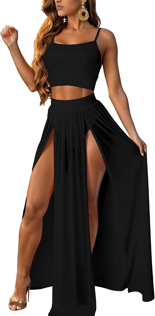 2 Piece Sets for Women Summer Sexy Double High Split Maxi Dresses Skirt Set Beach Swimwear Cover Ups Vacation Outfits (Black, M)