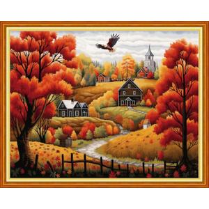 Findvoor Stamped Cross Stitch Kits for Beginner Embroidery Kits for Beginners Adults DIY 11CT Cross Stitch Patterns Needlepoint Kits Crossstitching Kits-Golden Autumn Home 16x20 inch (ArtworkColor44)