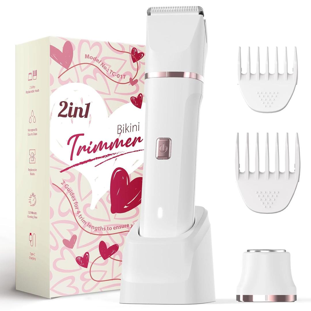 Risina Bikini Trimmer for Women - Electric Razors for Women's Body Groomer, Replaceable Ceramic Blade Heads, Face Hair Remover Head, USB-C&Dock Charging, Waterproof&Easy Cleaning White
