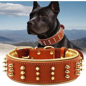 Spiked Leather Dog Collar  Premium Handmade Genuine Leather, 2.2-Inch Wide, Bold Protection and Stylish Design, Ideal for Powerful Breeds- Fiery Orange 20.5-24.5 inches