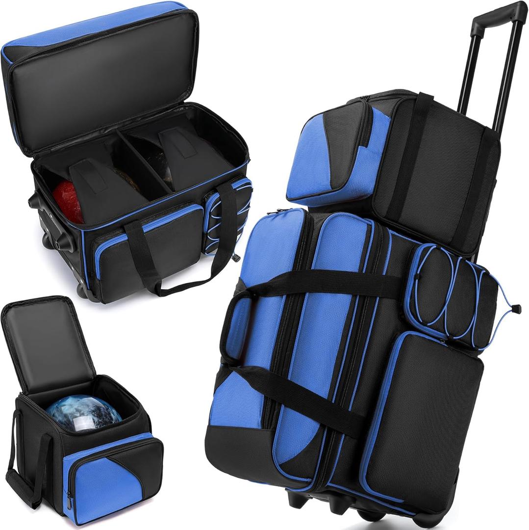 3 Ball Bowling Bag with Wheels, Bowling Bag 3 Ball Roller with Separate Shoe Compartment and Accessory Pocket, 2 Ball Roller Bag Plus Single Ball Tote