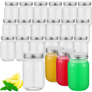 Gerrii 24 Pieces 16 oz Clear Plastic Mason Jars with Lids Refillable Mason Cocktail Cup Empty Canning Overnight Oats Container Plastic Candy Storage Jars Containers for Honey Spices Herbs (Silver)