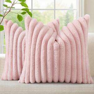decorUhome Faux Fur Spring Throw Pillow Covers 16x16 Set of 2, Decorative Soft Plush Striped Neutral Couch Pillow Covers with Velvet Back for Sofa, Bed, Living Room Home, Pink