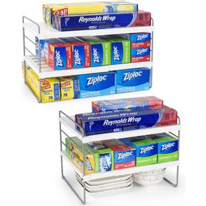 2 Pack Expandable Kitchen Wrap Organizer Rack, Height & Width Adjustable Aluminum Foil and Plastic Wrap Organizer for Pantry, Cabinet Food Wrap Organization and Storage - (3 Tier 9.8 to 15.6"L) (White-2P)
