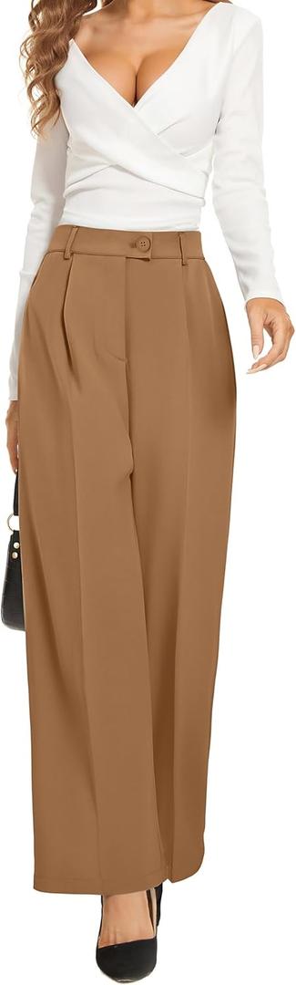 Summer Work Pants for Women Business Casual Office Dress Pants Trousers with Pockets (Brown, L)
