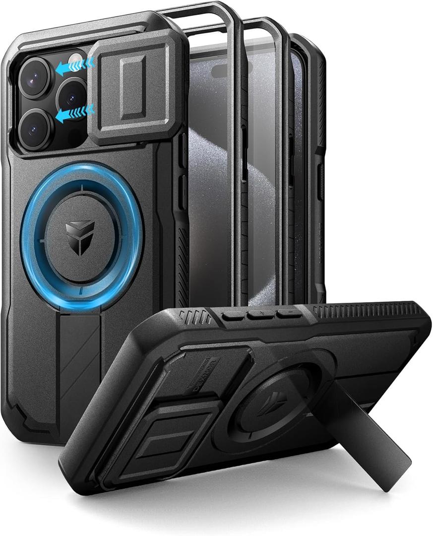 Dexnor for iPhone 15 Pro Case with Slide Camera Cover & Adjustable Kickstand & Built-in Screen Protector, Magnetic Rugged Shockproof Bumper Cases Heavy-Duty Magnetic Protective Cover,Black